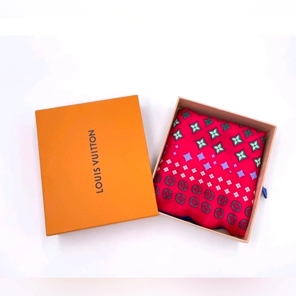 Auth Louis Vuitton Monogram red multicolor Silk Scarf W/Box - Picture 14 of 16